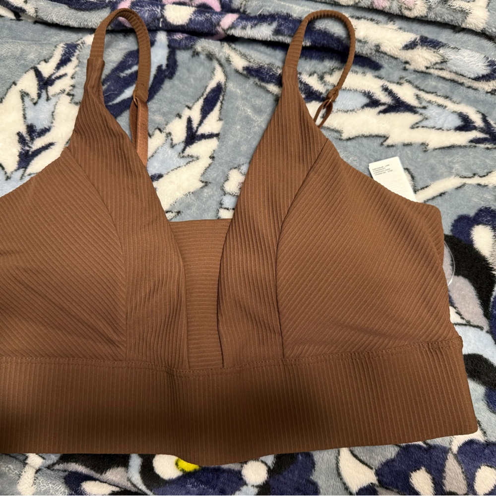 Brown Ribbed Sports Bra